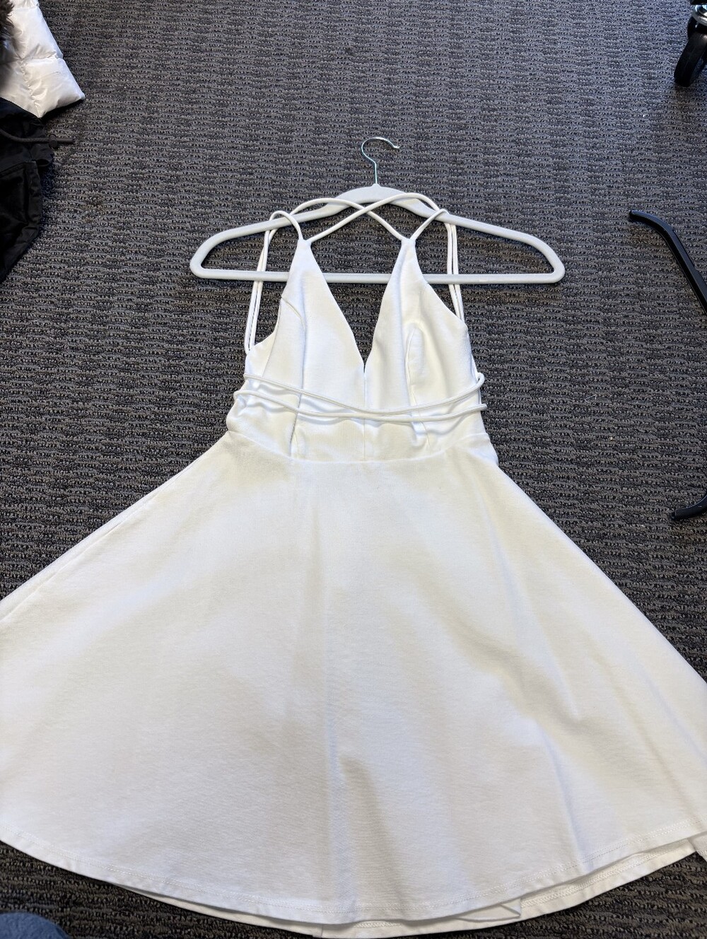 Lulu's White Plunging V-Neck Spaghetti Strap Skater Dress